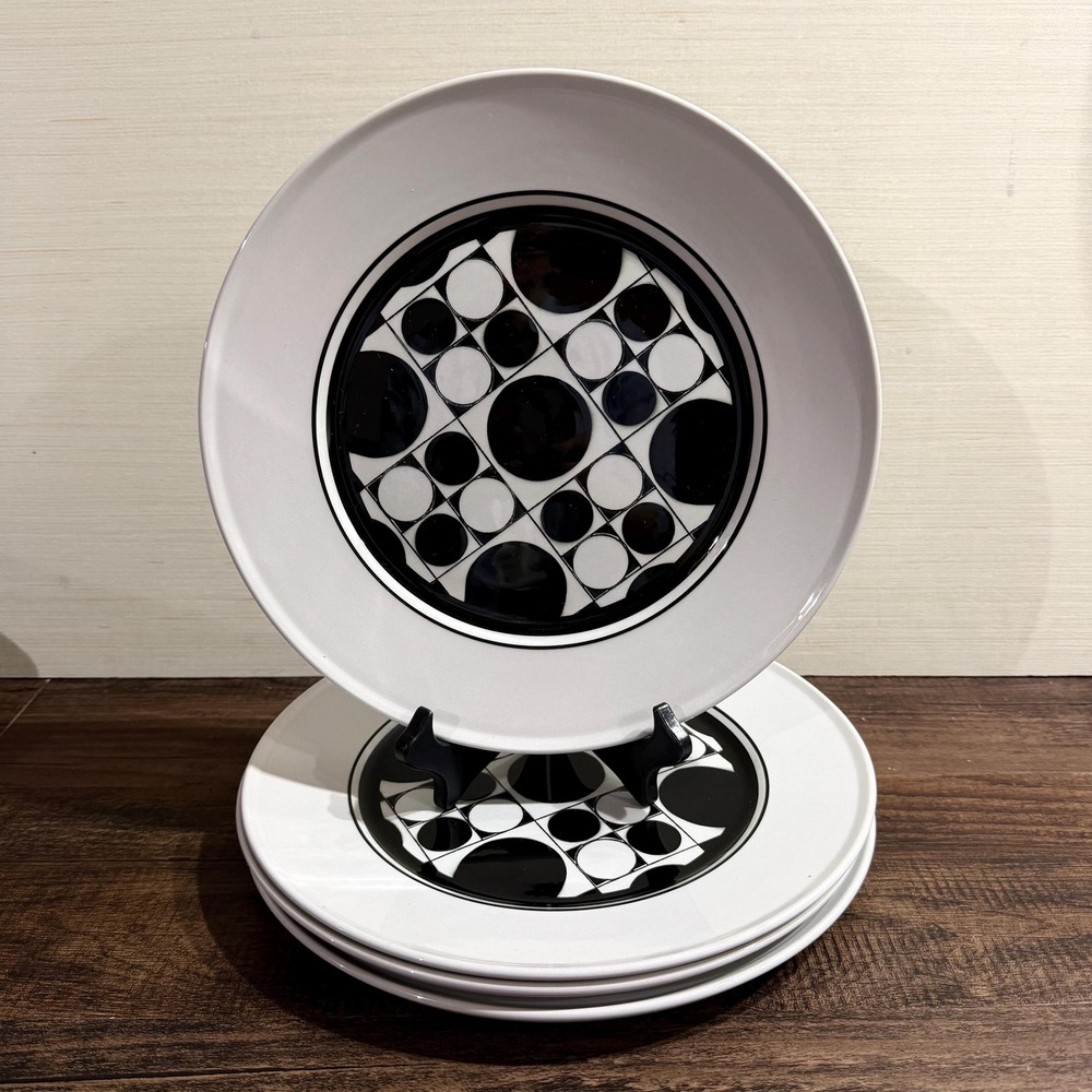 4 VTG 70s Mikasa Avant Garde A507 Dinner Plates 11" Black White MCM Space Age